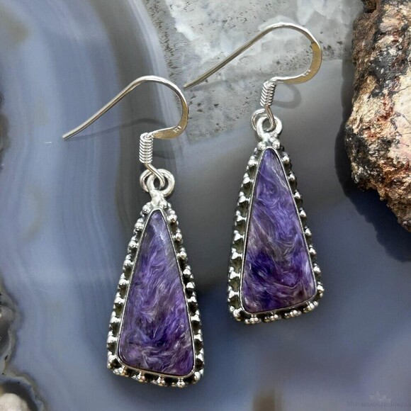 Jewelry - Sterling Silver Southwestern Style Triangle Charoite Dangle Earrings For Women